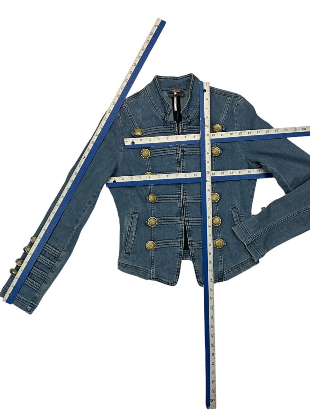 Free People Fitted Military Denim Jacket S Blue Cropped - Picture 10 of 16